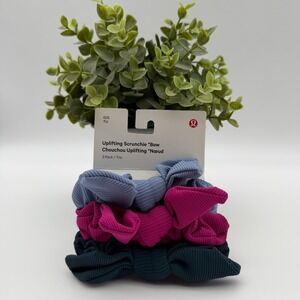 Lululemon Uplifting Scrunchie Bow 3 Pack Blue Pink Grey Ribbed NWT